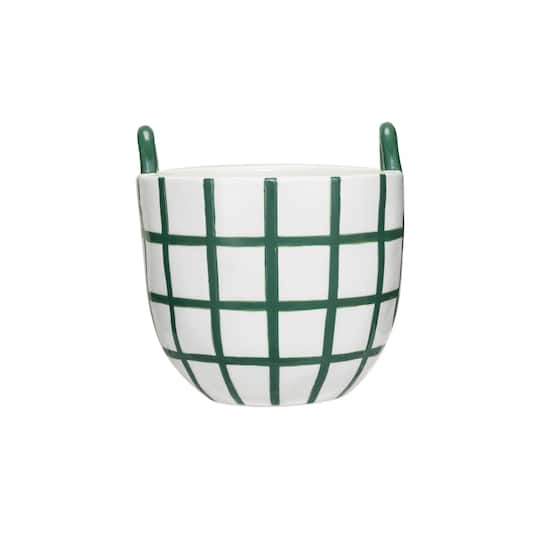 Hello Honey® 6.75" Hand-Painted Green & White Grid Stoneware Container with Handles